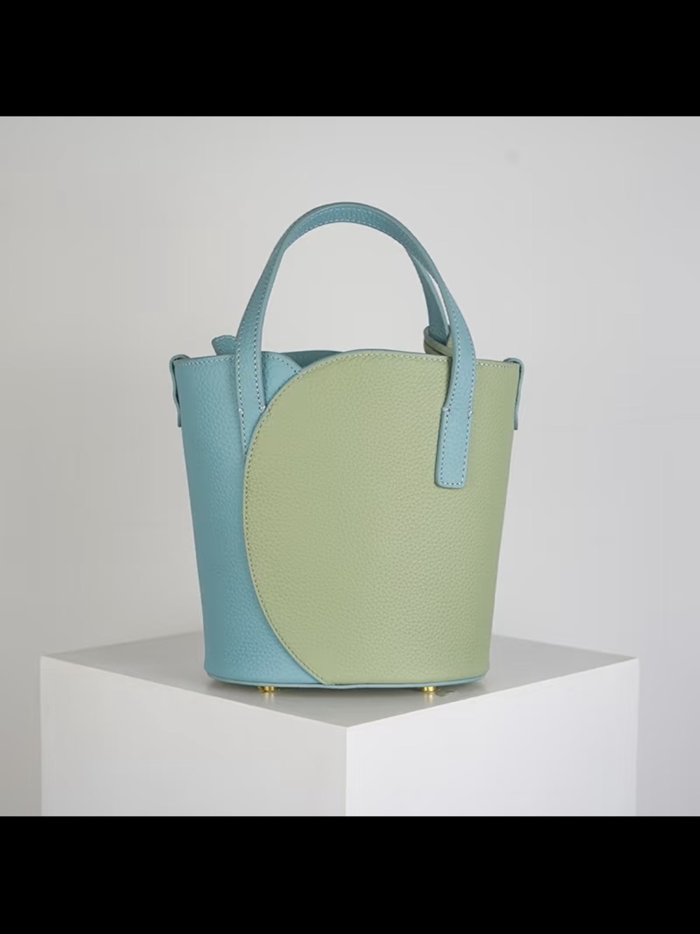 Two-Tone Pastel Bucket Leather Crossbody Bag — Blue & Light Green